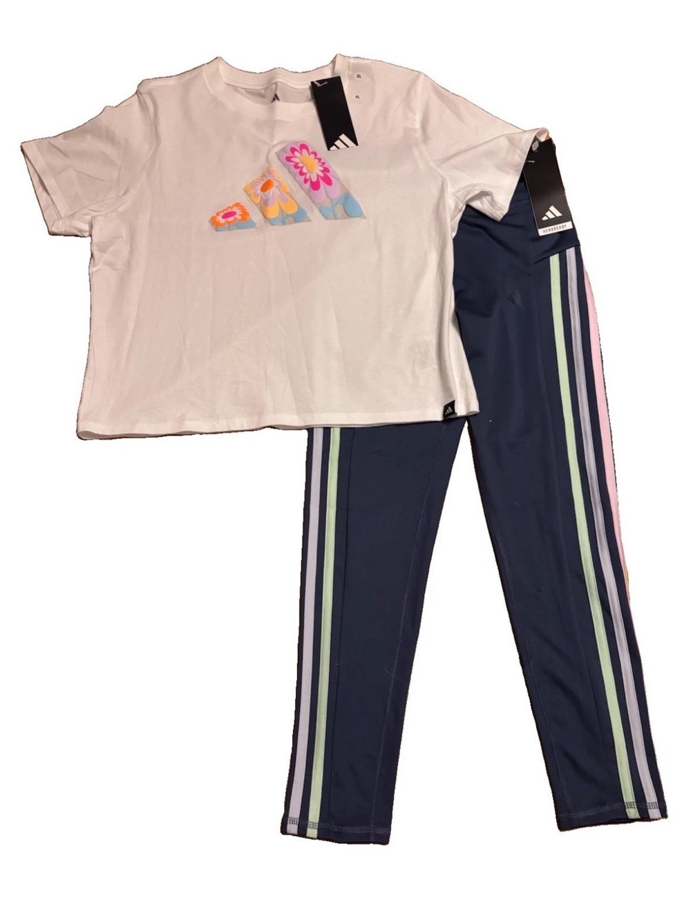 adidas White Tee with Floral Logo & Gray Leggings with Pastel Stripes - XL (16)